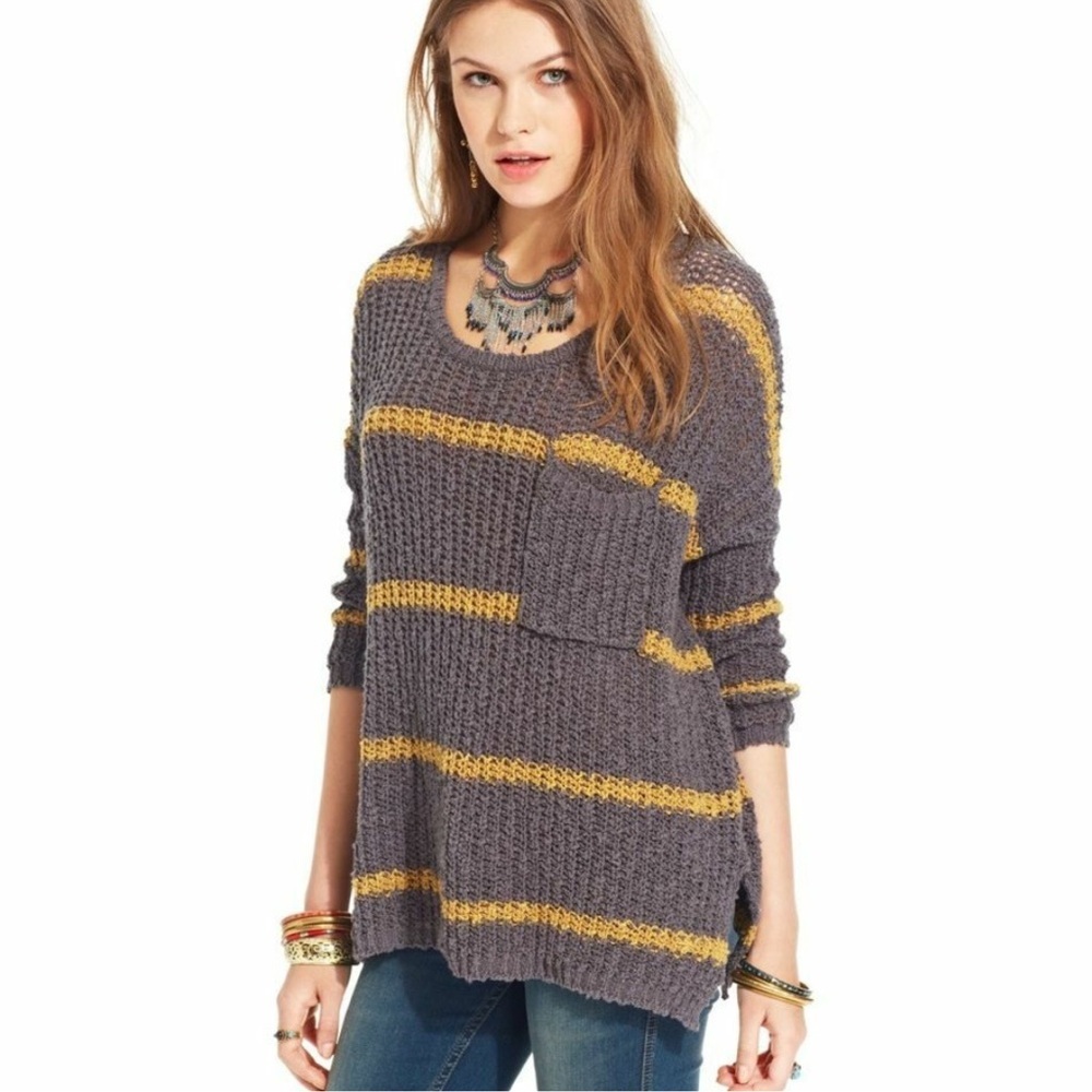 Free People Grey Striped Slouchy Knit Greenwich Village Sweater